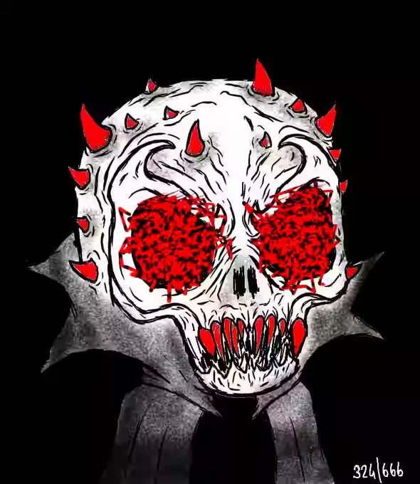 A digital illustration shows a menacing white skull with red spike-like protrusions and blood-red, textured eye sockets against a black background, with '324/666' written in the corner.