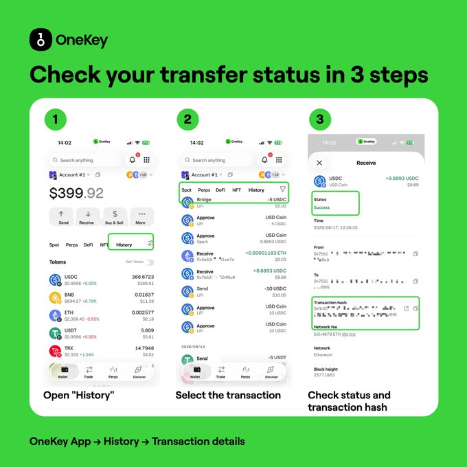An instructional graphic from OneKey titled 'Check your transfer status in 3 steps', showing mobile app screens demonstrating how to navigate to History, select a transaction, and check status and transaction hash.