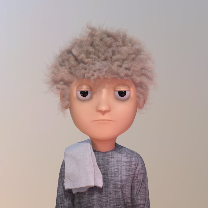 A 3D-rendered character with curly pinkish hair and a tired, unamused expression, wearing a gray sweater with a white towel draped over the shoulder.