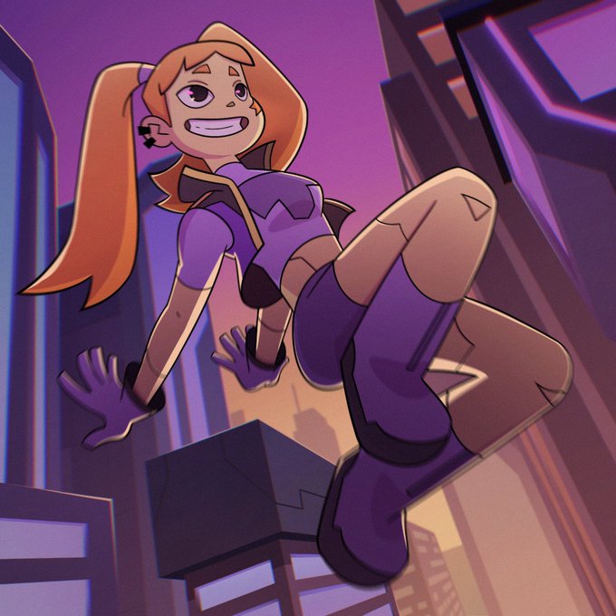 An animated character with blonde pigtails, wearing a purple and black futuristic outfit, leaps dynamically between geometric city structures against a purple sky, capturing the energetic, forward-moving spirit of exploring new ventures like the Volt NFT ecosystem on Robinhood Chain.