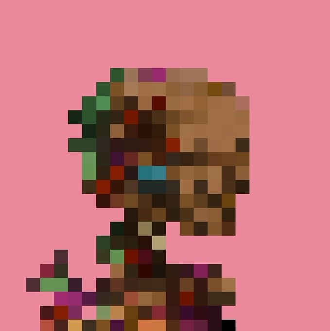 A pixelated portrait of a figure with brown hair set against a pink background.