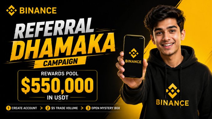 A young man wearing a black Binance hoodie holds up a phone displaying the Binance logo, promoting the "Referral Dhamaka Campaign" with a rewards pool of $550,000 USDT and listing steps: create an account, do $5 trade volume, and open a mystery box.