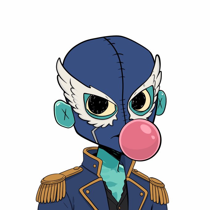 A cartoon illustration of a blue-skinned character wearing a blue luchador-style mask with white wings, blowing a pink bubblegum bubble, and wearing a blue jacket with gold epaulets.
