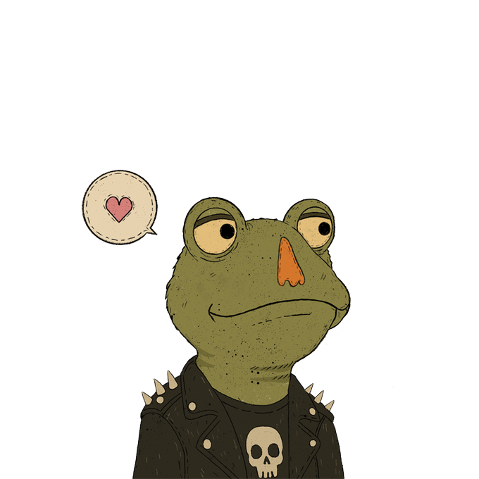 A cartoon illustration of a green frog-like character wearing a spiked black leather jacket with a skull t-shirt, accompanied by a speech bubble containing a pink heart.