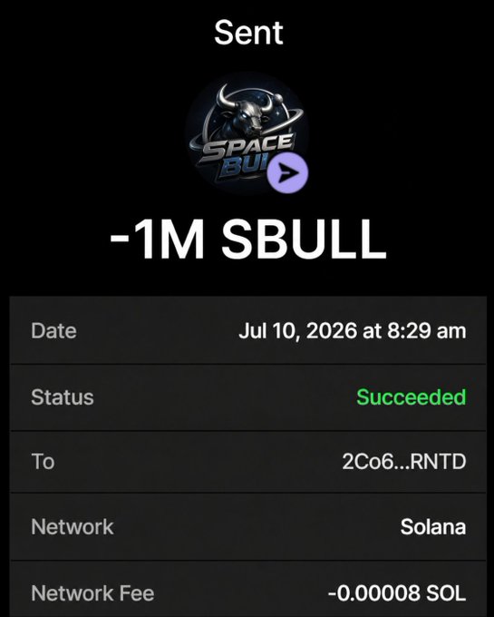 A cryptocurrency transaction confirmation showing a successful sent transaction of -1M SBULL on the Solana network to address 2Co6...RNTD, dated Jul 10, 2026.