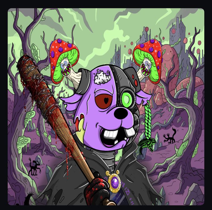A cartoon illustration of a purple-skinned, cyborg-like rabbit character with mushrooms growing from its ears, holding a bloody spiked bat in a spooky forest.