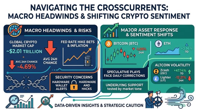 An infographic titled 'NAVIGATING THE CROSSCURRENTS: MACRO HEADWINDS & SHIFTING CRYPTO SENTIMENT' showing global crypto market cap at $2.01 trillion (-4.69%), with Bitcoin (BTC) down 1.08% and ETH up 3.36% (7D), highlighting Zcash (+47.16%) and Lighter (-12.21%) volatility amid security concerns.