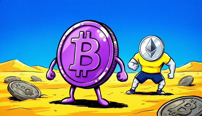A cartoon illustration of a purple Bitcoin character standing next to an Ethereum character in a yellow shirt, with scattered Bitcoin coins in a desert landscape.