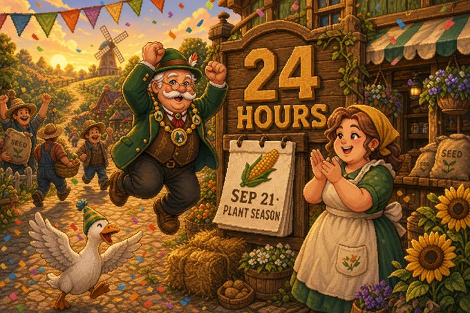 A colorful cartoon illustration featuring a dancing older man with a mustache, a smiling woman in an apron, a white goose, and a sign reading '24 HOURS' with another sign saying 'SEP 21 - PLANT SEASON'.