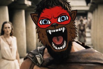 A scene from a film showing a character with a cartoonish, fanged red and brown wolf mask, with a woman in white standing in the background.