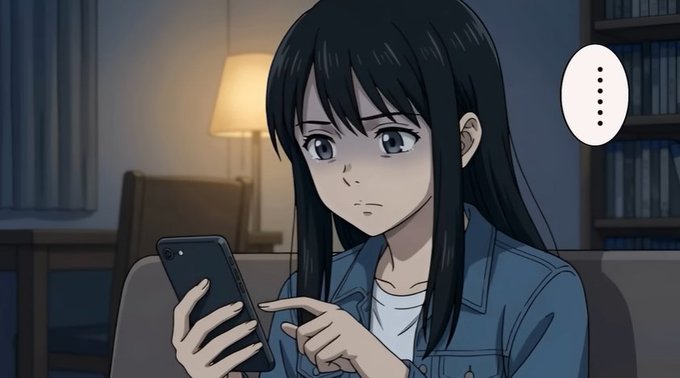 An anime-style illustration of a young woman with long black hair wearing a blue denim jacket, looking at a smartphone with a speech bubble containing dots.