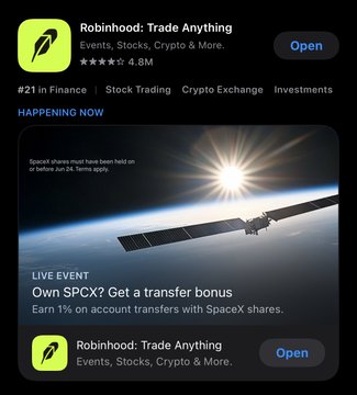 The image shows a Robinhood app advertisement on the App Store, ranked #21 in finance with a 4.8M rating, promoting a SpaceX shares live event with a 1% transfer bonus for SPCX. The "read this and you think binance wont retaliate?" post suggests frustration with Robinhood expanding into crypto exchanges, implying Binance might respond with competitive countermeasures against Robinhood's growing financial services platform.