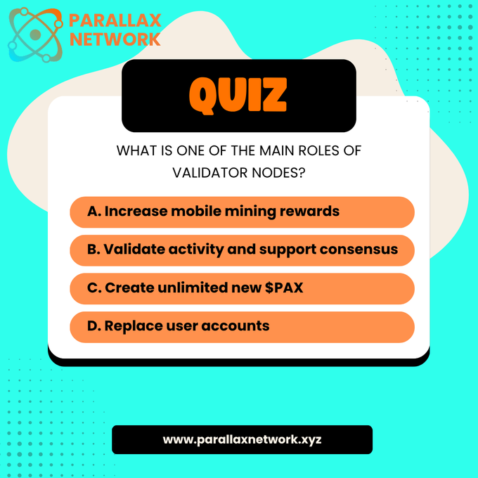 A Parallax Network quiz graphic asking "WHAT IS ONE OF THE MAIN ROLES OF VALIDATOR NODES?" with answer options A through D, and the website www.parallaxnetwork.xyz displayed.