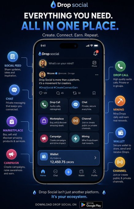 Promotional graphic for "Drop social" app, an all-in-one platform featuring social feed, chat, marketplace, campaigns, drop calls, mining, wallet, and channel features.