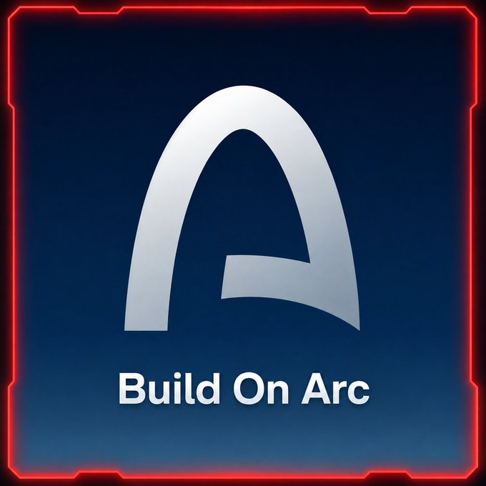 A glowing red-bordered card with a stylized 'A' logo and the text 'Build On Arc' on a dark blue background.