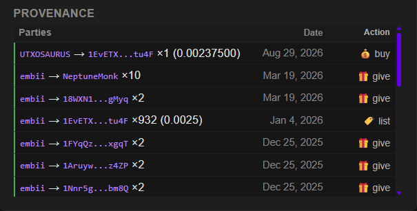 A 'PROVENANCE' transaction history list showing NFT transfers and sales, including a purchase by UTXOSAURUS and several gifts from user 'embi' between December 2025 and August 2026.