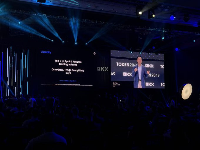 A conference stage features a speaker presenting in front of large screens displaying 'OKX' branding and text about 'Top 3 in Spot & Futures trading volume' at the TOKEN2049 event.