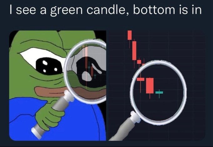 The image is a meme featuring a cartoon Pepe the Frog closely inspecting a candlestick chart with a magnifying glass, with the caption "I see a green candle, bottom is in." This relates to the post about Donald buying ETH, humorously suggesting the meme creator is analyzing the chart for a bullish reversal signal after buying Ethereum.
