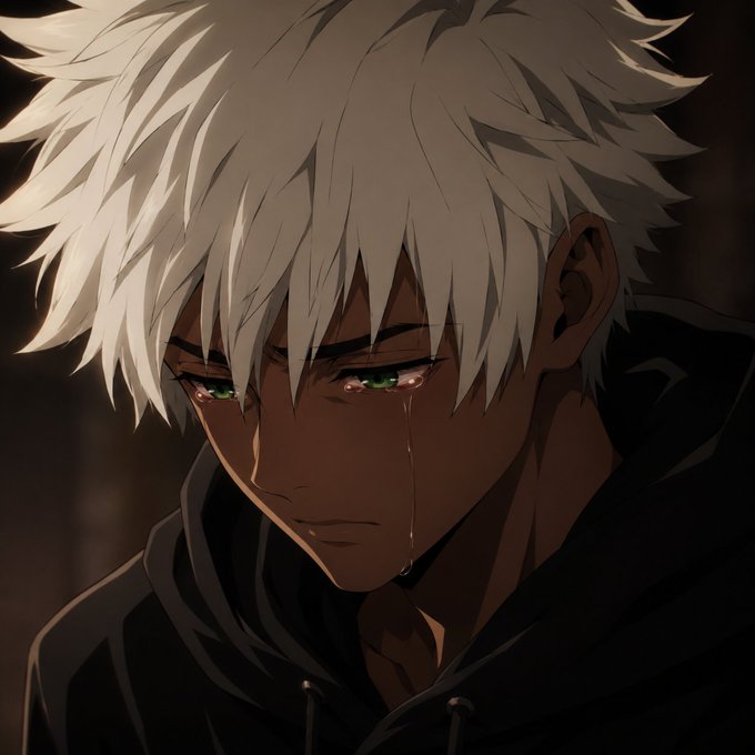 An anime-style illustration of a young man with white hair, green eyes, and dark skin wearing a black hoodie, with tears visible in his eyes.