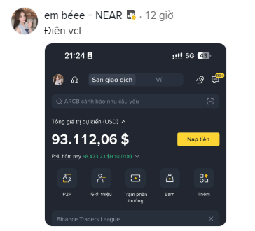 A social media post from "em bèe" showing a Binance account screenshot with a balance of $93,112.06 USDT and "Điên vcl" as the caption.