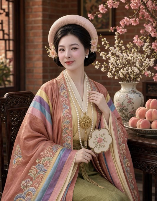 A portrait of an East Asian woman in traditional ornate robes and pearl jewelry, seated in an elegant room with cherry blossoms, a vase of plum blossoms, and peaches on a table beside her.