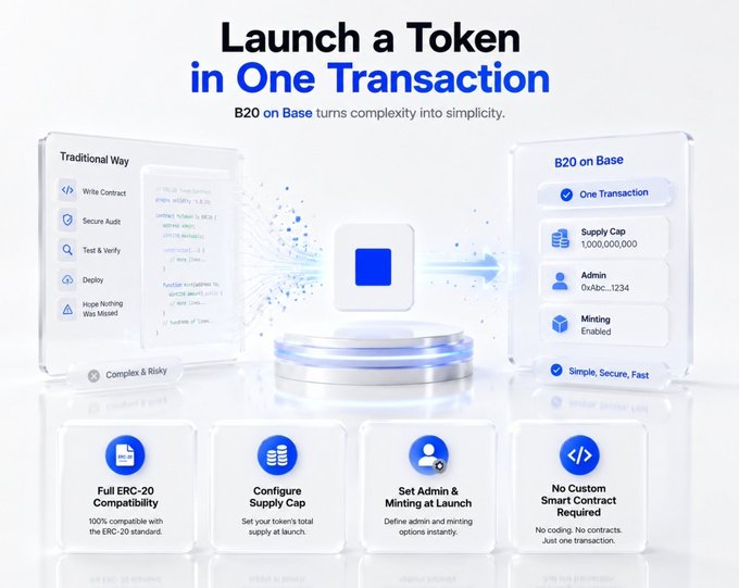 A promotional graphic for Base blockchain titled 'Launch a Token in One Transaction,' comparing the 'Traditional Way' of token creation to the simpler 'B20 on Base' method, highlighting features like ERC-20 compatibility and no custom smart contract required.