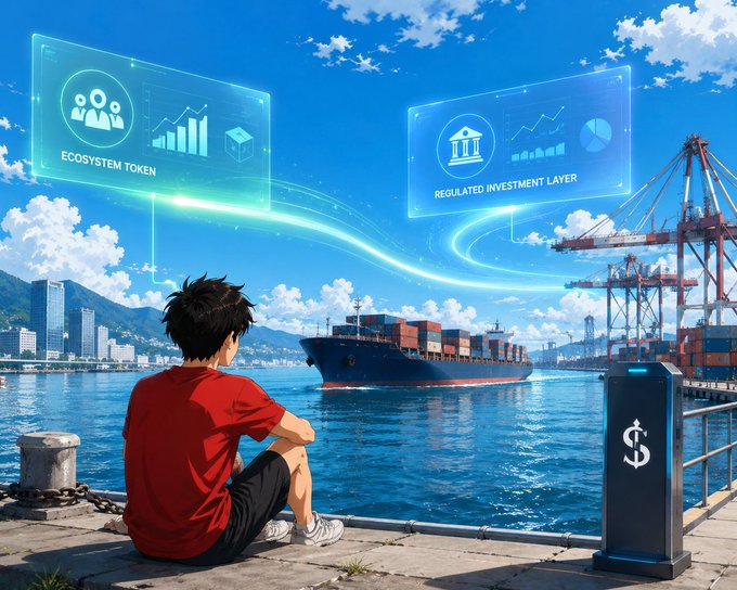 An anime-style illustration showing a boy sitting by a harbor with floating holographic panels labeled 'ECOSYSTEM TOKEN' and 'REGULATED INVESTMENT LAYER,' with cargo ships and cranes in the background and a dollar sign on a terminal.