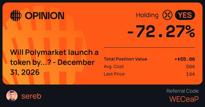 An orange-themed prediction market graphic by 'sereb' showing 'OPINION -72.27%' for the question 'Will Polymarket launch a token by...? - December 31, 2026', with referral code 'WECeaP'.