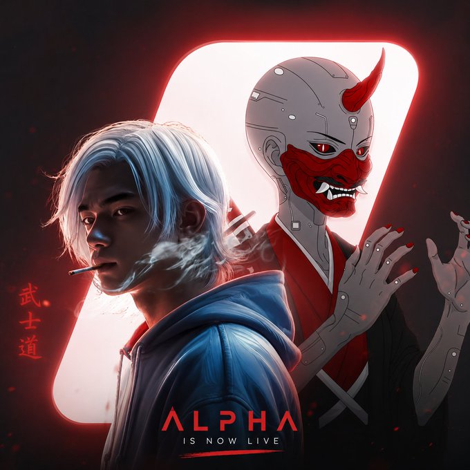 A promotional poster for 'ALPHA IS NOW LIVE' featuring a white-haired anime-style character smoking a cigarette alongside a red demon mask figure (oni), with Japanese characters '武士道' (Bushido) on the left.