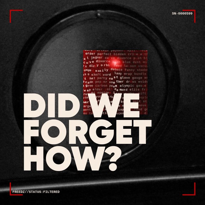 A graphic with large white text reading 'DID WE FORGET HOW?' over a camera lens with glitchy red text overlay, marked 'SN-0000599' and 'FREEDZ//STATUS:FILTERED'.
