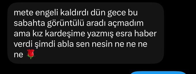 The image shows a WhatsApp/iMessage text bubble in Turkish from someone named "görüntülü aradı" explaining they missed a video call and that Esra told their sister, asking "abla sen nesin ne ne ne ne" (big sister, what are you, etc.) followed by a rose emoji 🌹, sent in response to the word "RUNE".