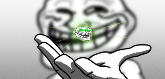 A black-and-white illustration of a hand holding a glowing green troll face, set against a blurred, smiling troll face background.