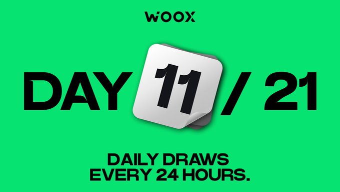 A WOOX promotional graphic on a green background announcing 'DAY 11/21' with 'DAILY DRAWS EVERY 24 HOURS.'