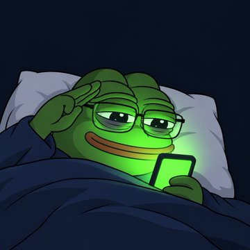 The image shows Pepe the Frog lying in bed at night, illuminated by the glow of his phone screen, wearing glasses with a tired but satisfied expression—perfectly capturing the late-night trading grind described in the post about holding $GM through its recent washout and recovering from a "forced entry."