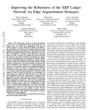 The first page of an academic paper titled 'Improving the Robustness of the XRP Ledger Network via Edge Augmentation Strategies,' listing authors from institutions including Ripple, Faculdade de Ciências da Universidade de Lisboa, and Swinburne University of Technology.