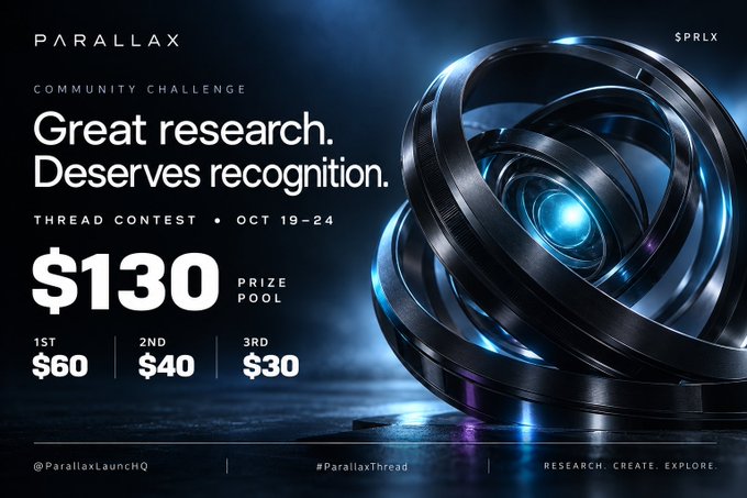 A promotional graphic for the Parallax ($PRLX) Community Challenge Thread Contest (Oct 19-24) with a $130 prize pool, featuring a metallic sphere design.