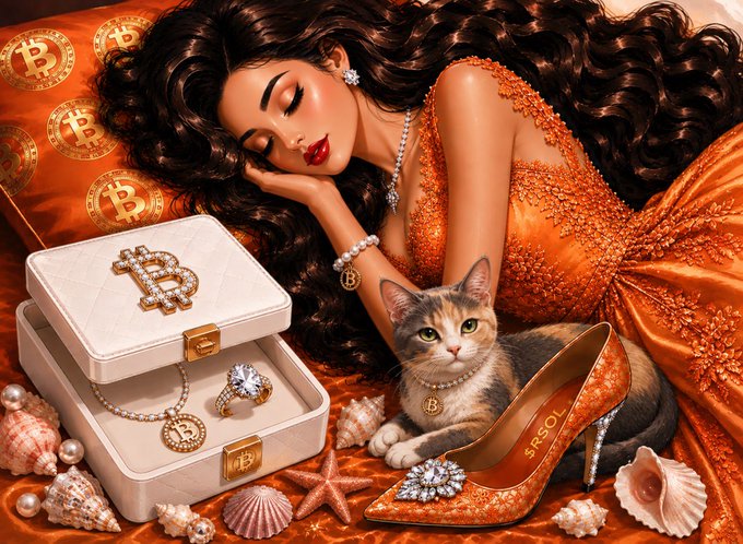 An elaborate AI-generated illustration of a dark-haired woman in an orange jeweled dress sleeping next to a cat, surrounded by Bitcoin-themed jewelry, a shoe labeled 'SASOL', pearls, and seashells.