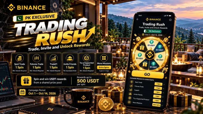 The image is a Binance "Trading Rush" promotional graphic (PK Exclusive, Oct 1–Oct 14, 2026) featuring a smartphone displaying a spin-the-wheel rewards game with up to 500 USDT prizes and missions like Spot Trades, Futures Trades, TradeFi, Invite Friends, and Extra Spins, alongside a laptop showing trading charts and a Binance mug. It illustrates the post's experience of unlocking 3 spins and winning $6 in USDT rewards from the event.