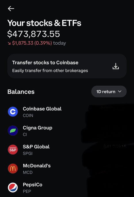 The screenshot shows a Coinbase portfolio displaying $473,873.55 in stocks & ETFs, with a notable 0.39% daily decline of $1,875.33, and a balances list featuring holdings like Coinbase Global (COIN), Cigna Group, S&P Global, McDonald's, and PepsiCo. The image ties to the caption by showcasing the user's $COIN holdings amid a broader market dip, echoing the humorous "pay the duck" sentiment about market conditions.