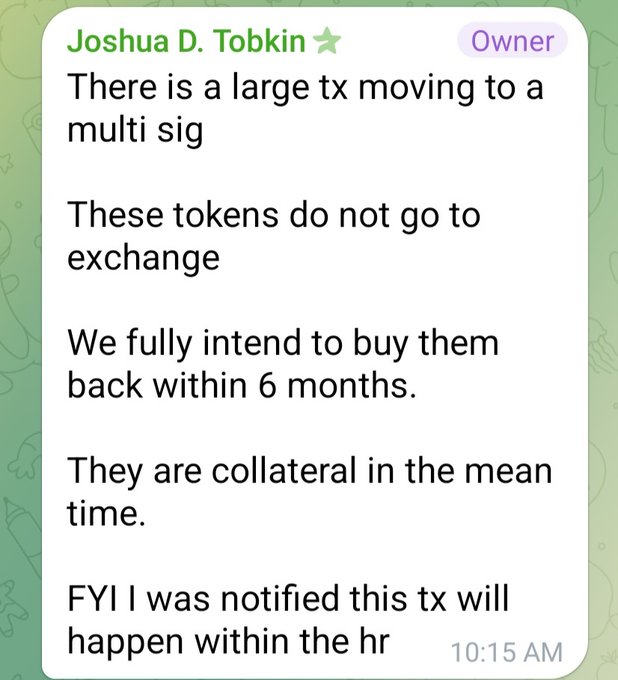 The image shows a text message from Joshua Tobkin, the founder of the community-focused platform Supra. The message contains information about a large transaction being moved to a multisig wallet, with the intention that the tokens will be used as collateral for the exchange. Joshua also noted that this transaction is happening within the next six months and that he was notified of this transaction via text.