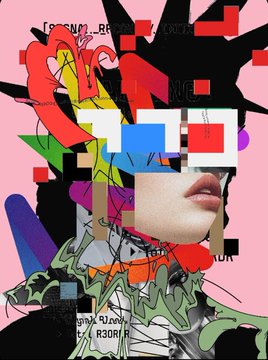 A colorful, chaotic digital collage featuring abstract shapes, 3D-rendered glasses, and partial facial features against a pink background.