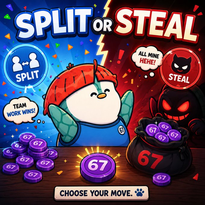 A vibrant game/app promotional image titled 'SPLIT OR STEAL' featuring a cute mascot character choosing between 'SPLIT' (team work wins!) with a light icon and 'STEAL' (all mine here!) with a devil icon, surrounded by purple '67' coins.