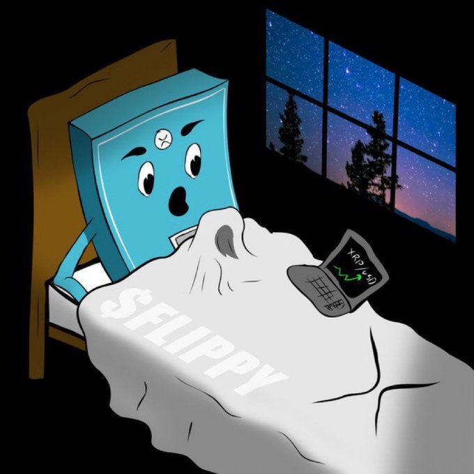 A cartoon illustration of a blue book character with a worried expression sitting in bed, holding a phone showing 'XRP +5%', with the text '$FLIPPY' on the blanket and a starry window in the background.
