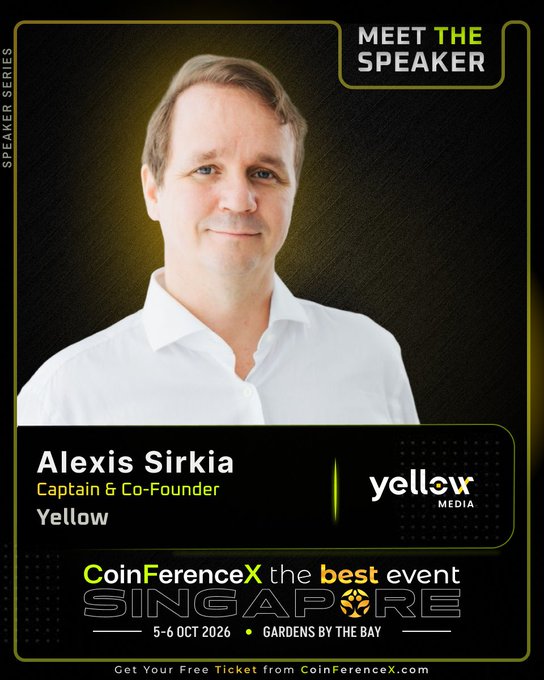 Promotional graphic for 'CoinFerenceX Singapore' featuring speaker Alexis Sirkia, Captain & Co-Founder of Yellow, dated 5-6 OCT 2026 at Gardens by the Bay.