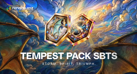 A promotional banner for 'TEMPEST PACK SBTS' by rendise.xyz featuring ornate golden and silver hexagonal tokens floating against a stormy sky background with dragon wings, subtitled 'STORM. SPIRIT. TRIUMPH.'