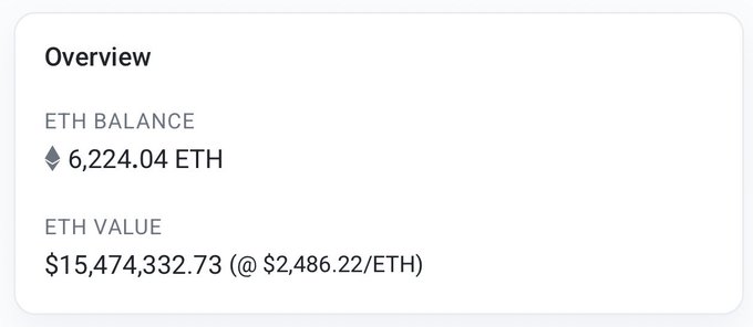 The image shows an "Overview" wallet panel displaying an ETH balance of 6,224.04 ETH with an ETH value of $15,474,332.73 at a rate of $2,486.22/ETH. This corroborates the post's claim of holding approximately 6,225 ETH worth around $15.5 million, supporting the excitement about the public raffle for @OriginalBlokyz.