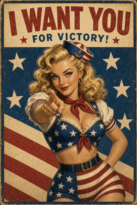 A vintage-style poster featuring a blonde woman in a star-spangled outfit pointing forward, with the text 'I WANT YOU FOR VICTORY!' displayed prominently.