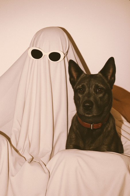 A black dog wearing a collar sits next to a figure draped in a white sheet with sunglasses positioned where eyes would be, creating a humorous ghost-like appearance.