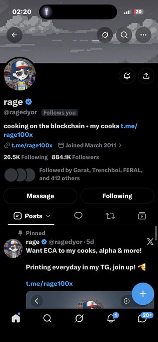 A X/Twitter profile screenshot for 'rage' (@ragedyor), who has a verified account with 884.1K followers and a bio about 'cooking on the blockchain' with a pinned post reading 'Want ECA to my cooks, alpha & more!'