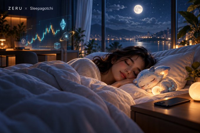 A digital illustration depicts a young woman sleeping peacefully beside a glowing plush cat toy, with a holographic financial chart labeled 'ZERU x Sleepagotchi' floating in the background.